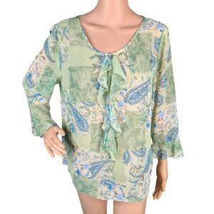 Vintage Y2K Apt 9 Green Blue Paisley Chiffon Ruffle Top L Whimsigoth Fairycore